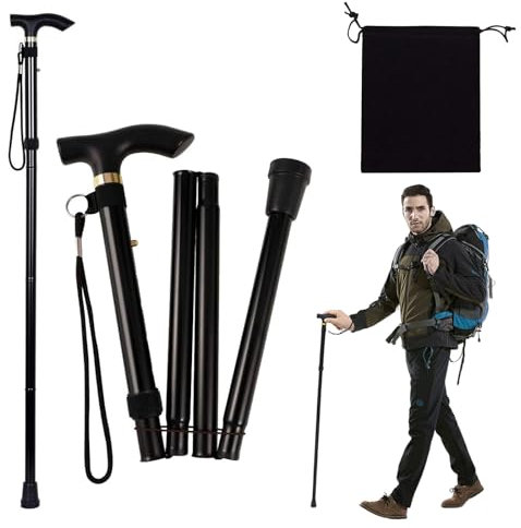 Cutiolly Faltbarer Gehstock, Aluminium, Schwarz, Klappbar, Höhenverstellbar, 85-95 cm, T-Griff, für Alte, Behinderte, Verletzte oder Einschränkte