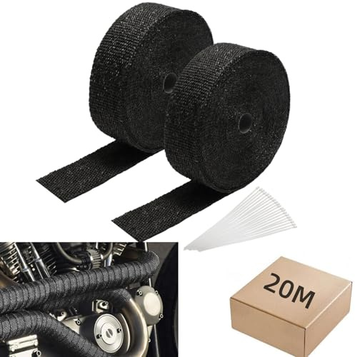 Fiqops Ruban de protection thermique pour pot d'échappement - 20 m x 5 cm - Avec 10 serre-câbles en acier inoxydable - Résistant à la chaleur jusqu'à 600 °C - Pour collecteur de ventilateur de moto et