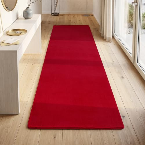 HomebyHome Läufer Teppich Rot 80x250 cm Waschbarer Kurzflor Teppich, rutschfest & weich, modernes einfarbiges Design für Schlafzimmer, Küche & Flur