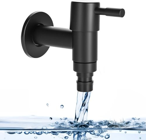 Wasserhahn Kaltwasser Edelstahl Schwarz Wandmontage – Kaltwasserhahn Wandmontiert, G1/2 Armatur, Mattschwarz, für Badezimmer, Küche, Balkon, Waschmaschine, Garten (short)