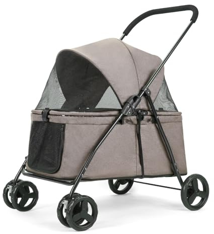 Haustier-Kinderwagen, 4 Räder, Haustier-Spazierwagen für mittelgroße und kleine Hunde und Katzen, faltbarer Katzen-Jogger/Hunde-Kinderwagen, atmungsaktives Netzgewebe, Ganzjahres (coffee)