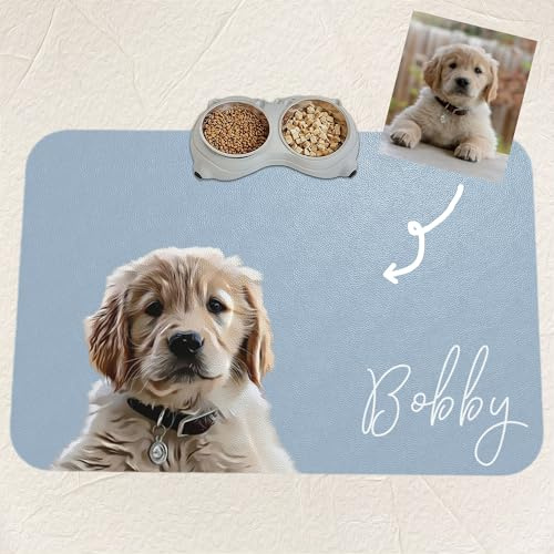 Personalised Pet Feeding Mat, Custom Dog Cat Feeding Mat – Custom Pet Photo with Name Design Non-Slip Food Bowl Placemat for Dogs Cats – Customised Gift for Pet Owners