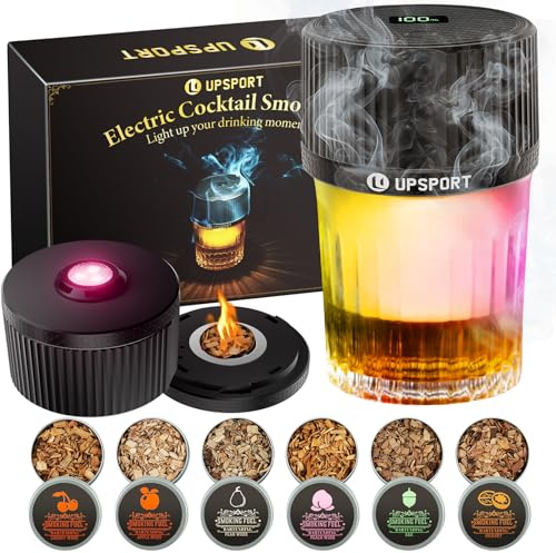 UPSPORT Electric Whiskey Smoker Kit with 4 Light Modes, Rechargeable Cocktail Smoker, 6 Wood Chips, No Butane Required, Christmas/Birthday Gifts for Men, Dad, Husband
