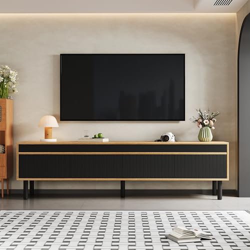 ModernLuxe TV Units for Living Room, Elegant TV Cabinet with 4 Contrasting Doors, Fine Texture Finish, Solid Wood Legs, Rebounder Door-Opening Design, Black and Wood Color, 170x38x47cm