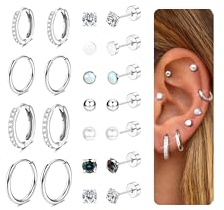 CASSIECA 11-par örhängen i guld och silver för damer och herrar med platt lås 925 silver creoler för flera piercingar Helix Tragus-piercing, 20G (0.8mm), 6mm, 8/10mm
