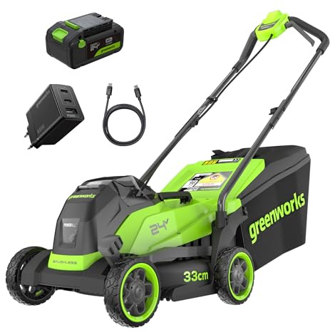 Greenworks 24V Akku-Rasenmäher Li-Ion 24V, 33 cm Schnittbreite, bis 280 m², kabelloser Rasentrimmer mit automatischem Futterkopf, inkl. 1 x 4 Ah Akku und Ladegerät,3 Jahre Garantie- MTCK24B410-01