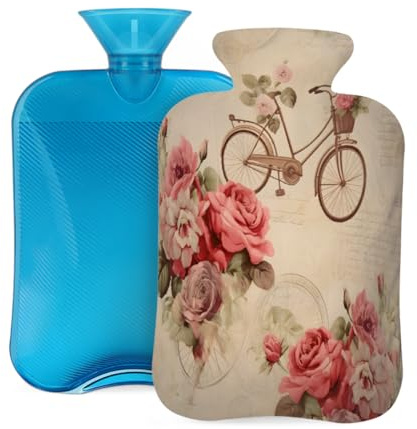 Myfsucce 2L Hot Water Bottle with Cover Vintage Floral Bike Print - Reusable PVC Hot Water Bag for Pain Relief, Cramps & Warmth (12.2x8in)