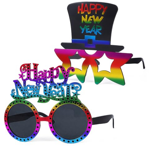YCICHE 2 Stück Silvester Deko 2026 Party Set, Happy New Year Brille, Partyhüte Silvester Brille, New Year Decoration Bunte Brillen, für Neujahr Deko Silvesterparty Foto Requisiten Fotobox Accessoires