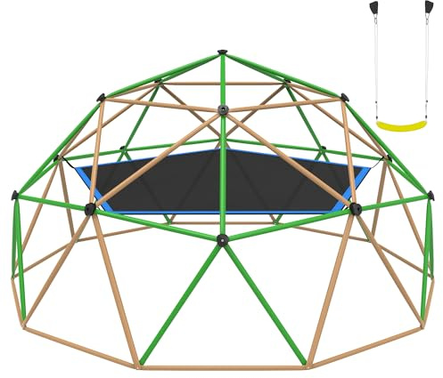 Gardenature 13FT Climbing Dome with Hammock and Swing, Outdoor Jungle Gym for Kids, Geometric Dome Climber Supporting 880 Lbs Anti-Rust Metal Outdoor Play Structure ASTM Approved Brown & Green