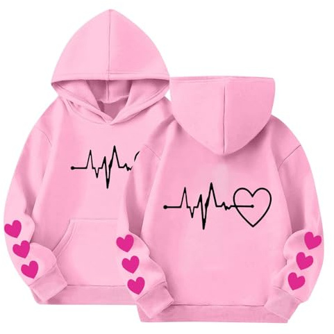 Mjjsk Söta huvtröjor för flickor mode hjärta grafisk långärmad tröja med huva vardaglig komfort pullover toppar skola mjuk huvtröja jumper, Rosa, 3-4 Years