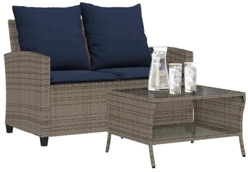 QZZCED Divano da giardino 2 posti con tavolo in vetro temperato e cuscini estraibili - Set da esterno in rattan sintetico e struttura in acciaio per terrazza o patio