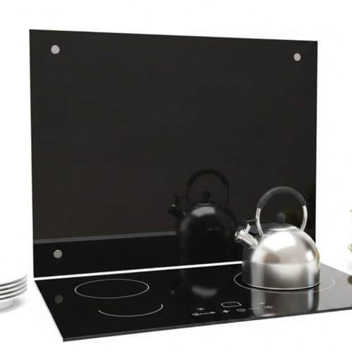 Mucola Küchenrückwand Glas Spritzschutz Herd 80x50 cm 6 mm ESG Schwarz | Gehärtetes Sicherheitsglas, temperaturbeständig, schlagfest, polierte Kanten, 4 vorgebohrte Löcher, inkl. Montageset