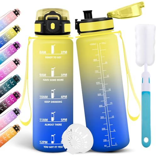 Motswedi Borraccia 1 Litro, Borraccia Palestra, a Prova di Perdite Bottiglia acqua, Include Spugna di Pulizia, Motivazionale Bottiglia Plastica 1l, per Palestra, Escursionismo, Giallo & Blu reale