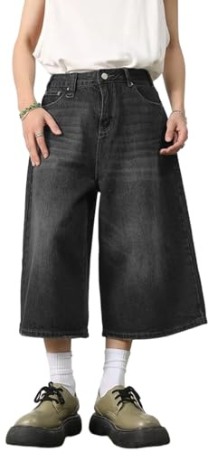 PADOLA Jeans Uomo a 3/4 Baggy Gamba Larga Pantaloni Cropped Denim Lavaggio Vintage Streetwear