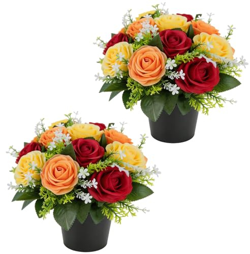 Artificial Grave Flowers Pots, 4 Pack Purple Lilac Roses Silk Cemetery Flowers with Pot Holders, Outdoor Memorial Decorations, Fake Funeral Floral Arrangements (Burgundy, Yellow & Orange)