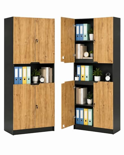 Amveya Aktenschrank 200 cm Hoch Holz Büroschrank Mehrzweckschrank mit 4 Türen offenem Fach und Schloss Aufbewahrungsschrank für Büro Home Office Wohnzimmer in Eiche Schwarz 200 x 82 x 37 cm