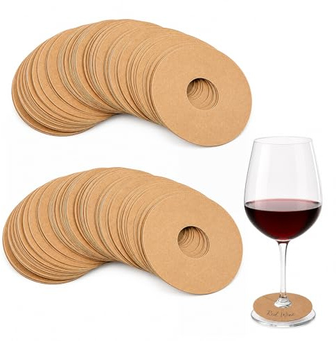 Nify 100 Runde Kraftpapier-Ringe, Getränkemarker aus Kraftpapier, Beschreibbare Namensschilder für Gläser, Weinglasanhänger für DIY-Deko und Bastelprojekte, Ø 5 cm, Braun
