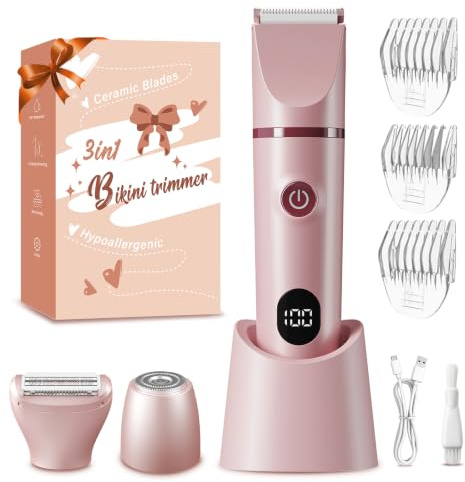Belleskin 3-in-1 Intimrasierer für Frauen, Elektrischer Rasierer Damen | IPX7 wasserdicht, Sanfte Keramikklingen, LED-Anzeige, 600-mAh-Akku, kabellose Bauweise, 4 Kammaufsätze, Type-C-Ladung