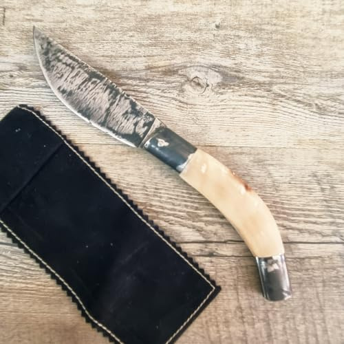 Generico Coltello Artigianale Sardo, Arburesa in Corno di Montone, Lama Forgiata 11 cm, Totale 23 cm, con Fodero in Velluto