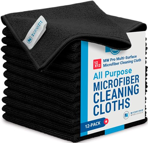 12 x 12 Buff Pro Multi-Surface Microfiber Cleaning Cloths | Black - 12 Pack | Premium Microfiber Towels for Cleaning Glass, Kitchens, Bathrooms, Automotive, Supplies & Products