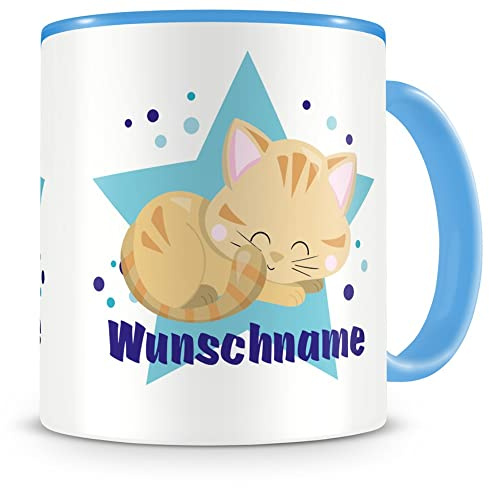 Samunshi® Kindertasse mit Namen Tasse Schlafende Katze Personalisierte Tasse mit Namen Kinder Kinderbecher personalisierter Text Namenstasse Kindergarten blau 300ml