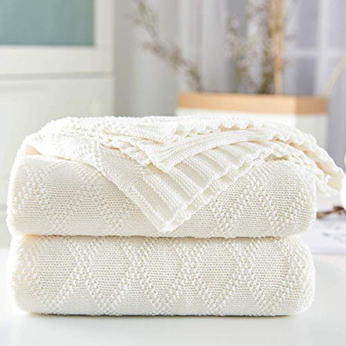 SHADDOCK Baumwolle Gestrickte Decke 4 Jahreszeiten Bettdecke- 130x180cm Ultra Weiche überwurf Decke Wohn-Kuscheldecke für Baby Couch Bett Sofa Stuhl Auto Büro (Rautenmuster, Weiß)