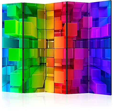 murando - Paravent Raumteiler geometrisch bunt Kubus, 225x172 cm, 5-teilig | Mobiler Sichtschutz, sofort einsatzbereit, Holzrahmen, ideal fürs Wohnzimmer oder Büro, geruchsneutral, lichtbeständig