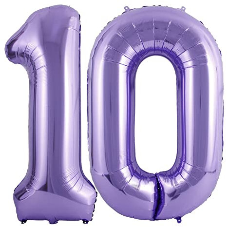 Number 10 Balloons Purple, 40 Inch Purple Helium Foil Number 10 Balloons, Large Number Balloon Age Balloon Self Inflating for Boys Girls 10th Birthday Wedding Anniversary Party Decorations(Digital 10)