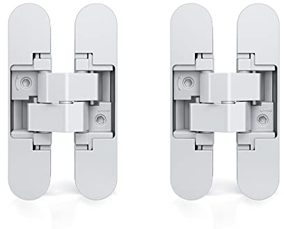 Emuca - Verdecktes Scharnier für Eingangstüren, Set aus 2 unsichtbaren Scharnieren für schwere Türen, Last 40 kg, 180°-Öffnung, Zamak, weiß