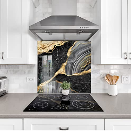 Myphotostation Tempered Glass Splashback 30Wx24H'-Black Golden Backsplash Design Cooker Gold Backsplash Panel Glass Splashback for Bathroom Panel Design Marble Splashback for Stove Kitchen