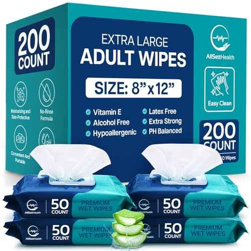 Wet Body Wipes for Adults Bathing No Rinse - Wet Wipes for Elderly 8 x 12 (200 count) Shower for Adults No Rinse, Incontinence Disposable Washcloths, Aloadue Vera, Vitamin E +4 Indivdual