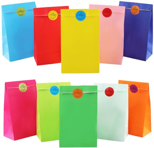 Sacchetti Regalo di Carta, Vexillic 60 Pezzi Sacchetti di Carta bustine Borsa per Caramelle Colorata con Adesivi per Feste Compleanno Matrimoni