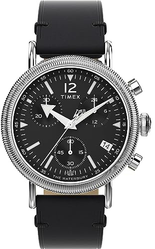 Timex Men's Waterbury Chronograph 40 mm Watch - Black Leather Two-Piece Quick Release Strap Black Dial Silver-Tone Case TW2W20600