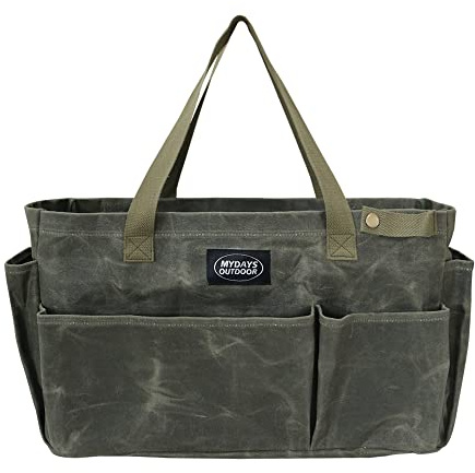 MYDAYS Outdoor Portable Garden Tool Storage Bag,Waxed Canvas Firewood Carrier Tote Bag,Collapsible Sturdy Garden Basket Great for Women, Gardener, Electrician, Repairer(Army Green)