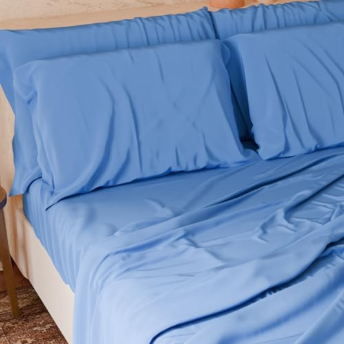 PETTI Artigiani Italiani - Set Lenzuola Cotone Piazza e Mezza Francese 4 Pezzi, Completo Letto con Lenzuolo Sopra, Lenzuolo Sotto con Angoli Elasticizzati e 2 Federe Lenzuola Azzurro