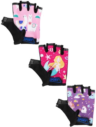 Boao 3 Pairs Kids Bike Gloves Cycling Half Finger Fingerless Workout Gloves Non-Slip Gel for 7-12 Years(Cute)