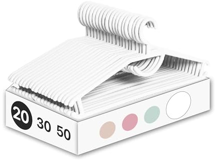TUKA - 20 Perchas Blancas de Plástico Resistente para Ropa de Adulto Tamaño Grande y Diseño Multifunción para Todo Tipo de Prendas Ligeras y Pesadas. (20, Blancas)