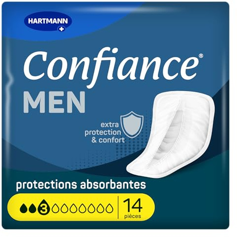 Confiance Men – Kleine absorbierende anatomische Protektoren für Männer – Diskret – Absorptionsgrad = 3 Tropfen (mittlere Blasenschwäche) – pH-hautneutral – 14 Einheiten | 14 Einlagen für mittlere Blasenschwäche, pH-hautneutral, diskret und bequem, 27 x 18 cm