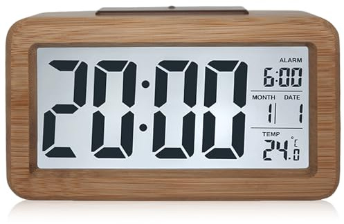 GOMETY Väckarklocka av trä digital, med stor LCD-display, liten bordsklocka med datum, teperaturdisplay, nattlampa, klocka med snooze-moduler för sovrum kontor
