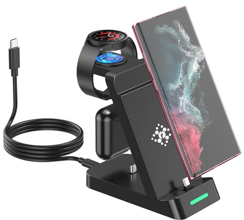 3 in 1 Ladestation für Samsung Watch und Handy, Wireless Charger für Samsung Galaxy Watch Ultra 7 6 5 Pro 4 3 Active 2 Buds+, Induktive Ladestation Handy Ladegerät für Samsung Galaxy S25 S24 S23 S22