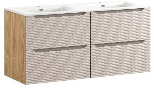 Lomadox Badezimmer Doppelwaschtisch 120cm in Eiche, Front in beige mit 3D-Oberfläche