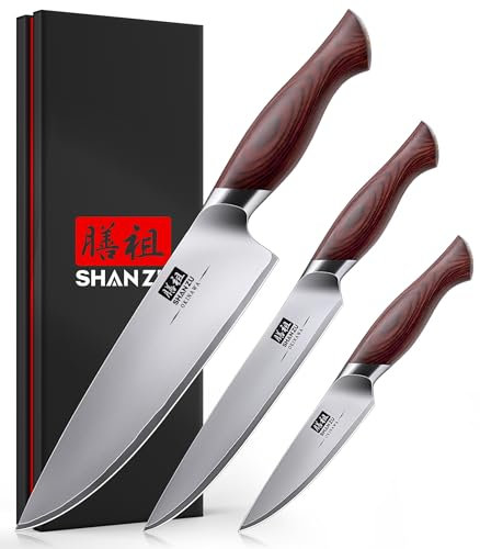 SHAN ZU Set di 3 Coltelli da Cucina Giapponese - Professionale con Lama in Acciaio Inox 10Cr15MoV (62 HRC), Affilatissimo, Manico in Legno - Coltello Chef, Coltello Universale, Coltello da Sbucciatura