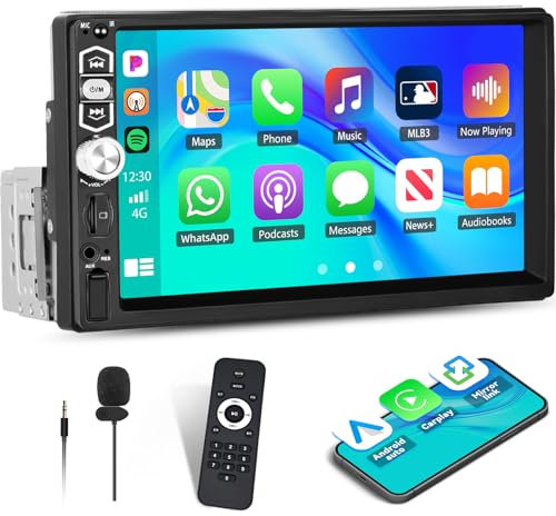 Car Radio Single Din Car Stereo Carplay Android Auto, CAMECHO 7 Inches 1 Din Touch Screen with Bluetooth FM Radio Mirror Link TF/USB/AUX Input SWC EQ Car Multimedia Player + MIC