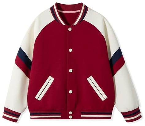 Rolanko Giaccione da Baseball per Ragazze e Ragazzi, Stile Varsity con Taschi Giubbotto da Scuola Giubbotto Bomber per Bambini, Rosso, Taglia: 160, 11-12 anni