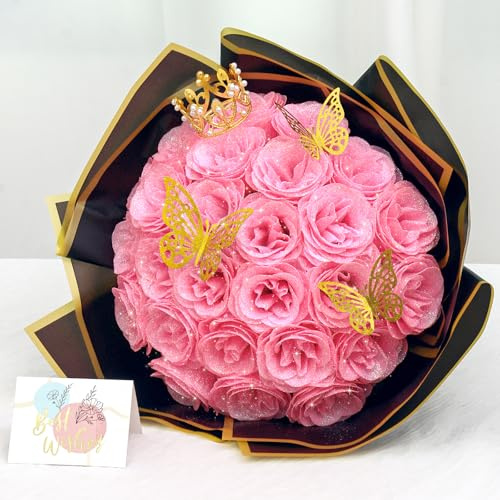 Dremisland Glitzer-Rosenstrauß, 26 Stück, DIY-Glitzer-Blumenstrauß, glänzend, künstlicher roter Rosenstrauß mit Krone, Schmetterling, für Muttertag, Jahrestag, Verlobung, Geburtstag, Hochzeit