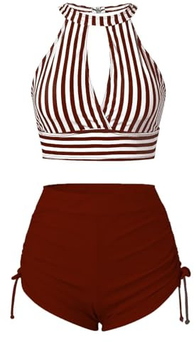 Ventes Flash du Jour Tankinis Femme Col V Push Up 2025 Tankini Maillot De Bain Bandeau Femme 2 Pieces Piscine Sexy Pas Cher Dos Nu Vacances Maillot De Bain Femme String Tanga Rouge Foncé L