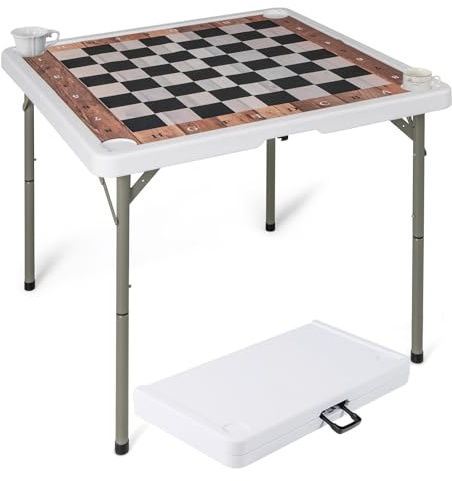 GYMAX Folding Chess Table, 90 CM Square Card Table with Metal Legs, Cup Holders and Removable Mat, Portable Game Tables with Carrying Handle, Ideal for Parties, Picnics, Camping