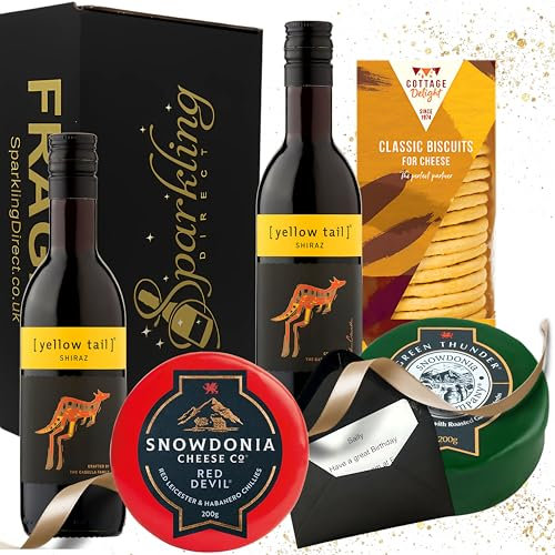 Red Wine and Cheese Gift Set – 2 Mini Bottles of Australian Shiraz (187ml) with Snowdonia Cheese & Biscuits in a Black Hamper Box – Luxury Food & Drink Gift for Any Occasion