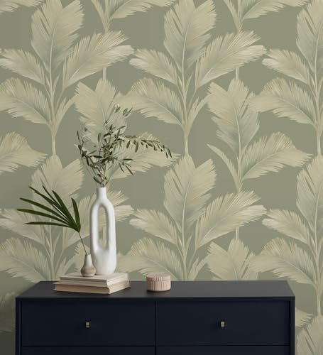 GAULAN 683586 - Papel pintado hojas de palma tropical color beige sobre fondo verde mate para pared salón dormitorio pasillo comedor - Rollo de 10 m x 0,53 m
