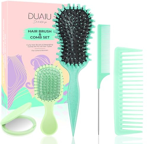 DUAIU Juego de 5 cepillos para el pelo para mujer con cerdas de jabalí, cepillo definidor de rizos, peine de dientes anchos, peine de cola de rata y mini espejo, desenreda, estilo y masaje para